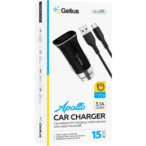 Автомобільний зарядний пристрій Gelius Pro Apollo GP-CC01, 2xUSB Type-A, 3.1A, 15W, кабель USB Type-A to MicroUSB, Black (00000092663)