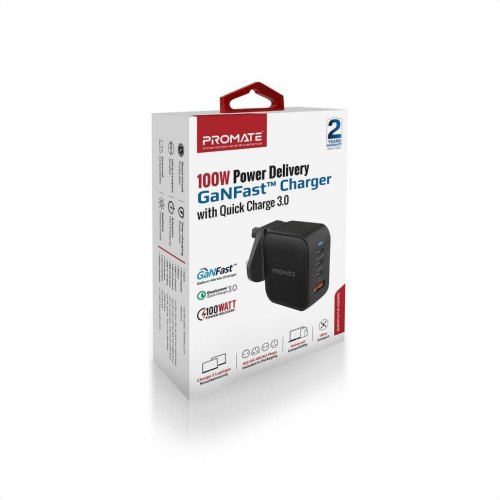 Мережевий зарядний пристрій Promate GaNPort4-100PD, 100W, Black