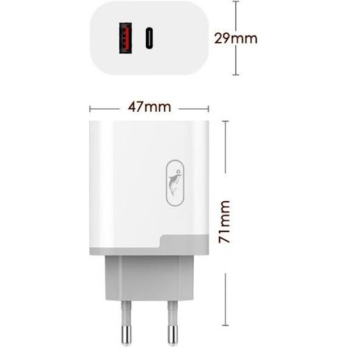 Мережевий зарядний пристрій SkyDolphin SC30T, 2xUSB Type-A, 2.1A, кабель USB Type-A to USB Type-C, White (SDMZP-000113)