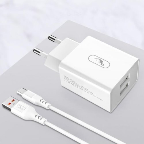 Мережевий зарядний пристрій SkyDolphin SC30T, 2xUSB Type-A, 2.1A, кабель USB Type-A to USB Type-C, White (SDMZP-000113)