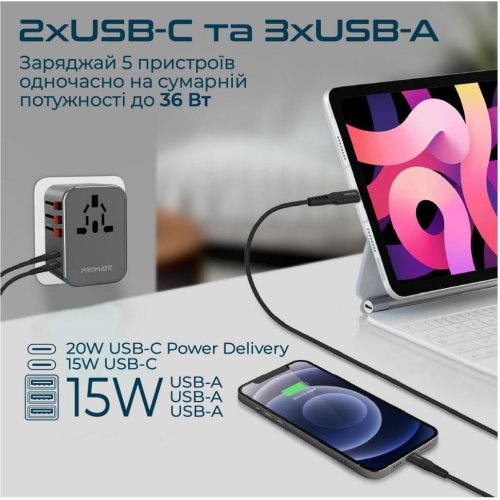 Мережевий зарядний пристрій Promate TripMate, 36W, Black