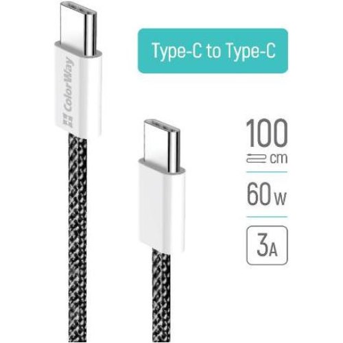 Кабель ColorWay, USB Type-C to USB Type-C, 3А, 1м, Black (CW-CBPDCC061-BK)