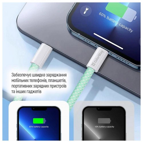 Кабель ColorWay, USB Type-C to Lightning, 3.0А, 1м, Green (CW-CBPDCL061-G)