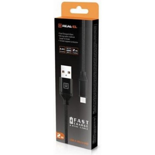 Кабель REAL-EL Premium Fabric, USB Type-A to MicroUSB, 2м, Black (EL123500048)