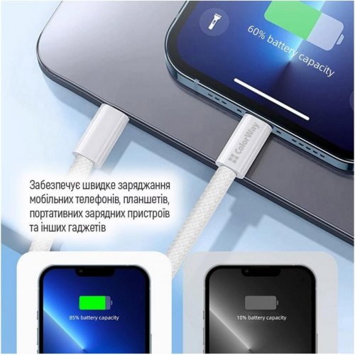 Кабель ColorWay, USB Type-C to USB Type-C, 3А, 1м, Grey (CW-CBPDCC061-GR)