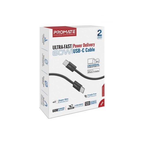 Кабель Promate, USB Type-C to USB Type-C, 3A, 60W, 1.2м, Black (ecoline-cc120.black)