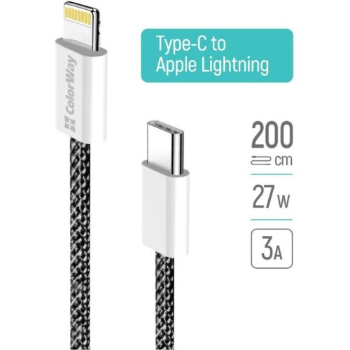 Кабель ColorWay, USB Type-C to Lightning, PD Fast Charging 27W, 2м, Black (CW-CBPDCL068-BK)