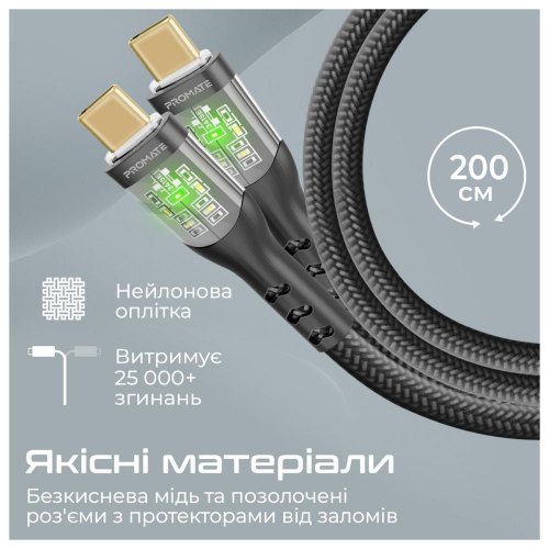 Кабель Promate, USB Type-C to USB Type-C, 3A, 60W, 2м, Black (transline-cc200.black)