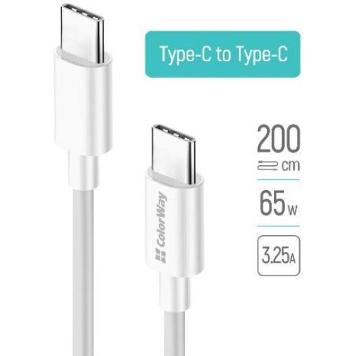 Кабель ColorWay, USB Type-C to USB Type-C, PD Fast Charging 65W, 3А, 2м, White (CW-CBPDCC056-WT)