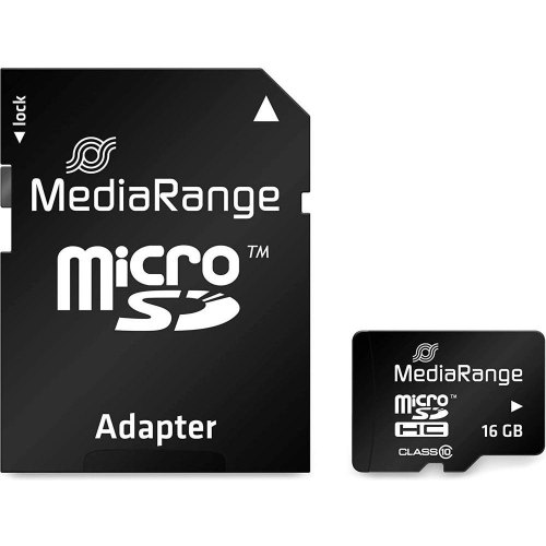 Карта пам'яті MediaRange, 16GB, MicroSDHC, Class 10, читання 45Мб/с, запис 12Мб/с, SD-адаптер (MR958)