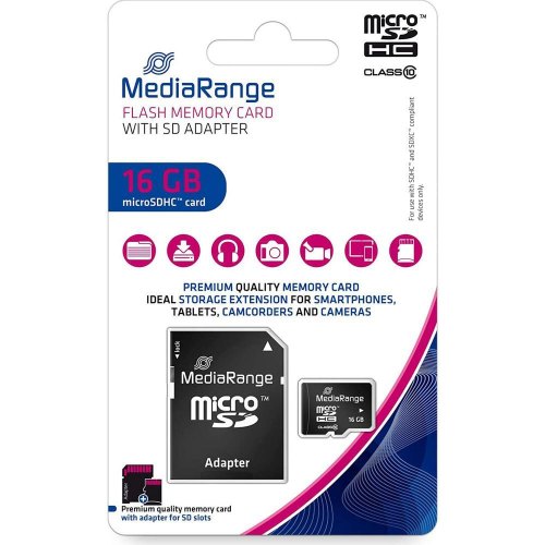 Карта пам'яті MediaRange, 16GB, MicroSDHC, Class 10, читання 45Мб/с, запис 12Мб/с, SD-адаптер (MR958)