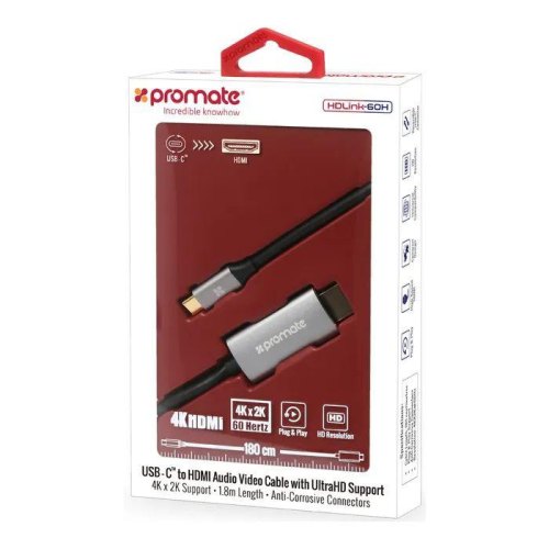 Кабель Promate, HDMI to USB Type-C, v2.0, 1.8м, Grey (hdlink-60h.grey)