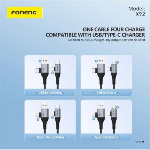 Кабель Foneng X92 4-in-1, USB Type-A/USB Type-C to USB Type-C/Lightning, 60W, 1м, Black (X92-CA-FIO)