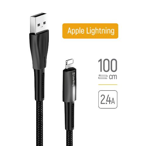 Кабель ColorWay, USB Type-A to Lightning, 2.4А, LED, 1м, Black (CW-CBUL035-BK)