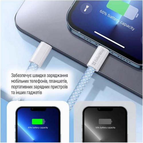 Кабель ColorWay, USB Type-C to USB Type-C, 3А, 1м, Blue (CW-CBPDCC061-BL)