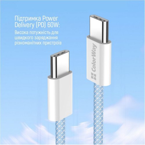 Кабель ColorWay, USB Type-C to USB Type-C, 3А, 1м, Blue (CW-CBPDCC061-BL)