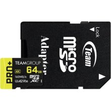 Карта пам'яті Team Pro+, 64GB, MicroSDXC, UHS-I/U3 Class 10, читання 160Мб/с, запис 55Мб/с, SD-адаптер (TPPMSDX64GIA2V3003)