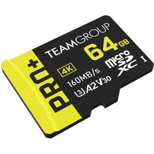 Карта пам'яті Team Pro+, 64GB, MicroSDXC, UHS-I/U3 Class 10, читання 160Мб/с, запис 55Мб/с, SD-адаптер (TPPMSDX64GIA2V3003)