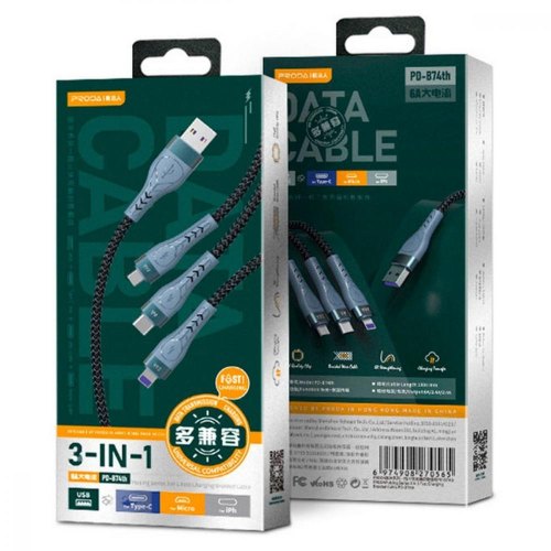 Кабель Proda PD-B74th, USB Type-A to Lightning/MicroUSB/USB Type-C, 6А, 1.3м, Black (PD-B74th-BK)