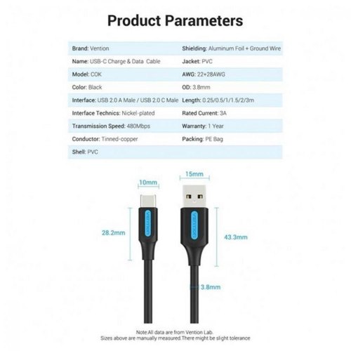 Кабель Vention, USB Type-A to USB Type-C, 2м, Black (COKBH)