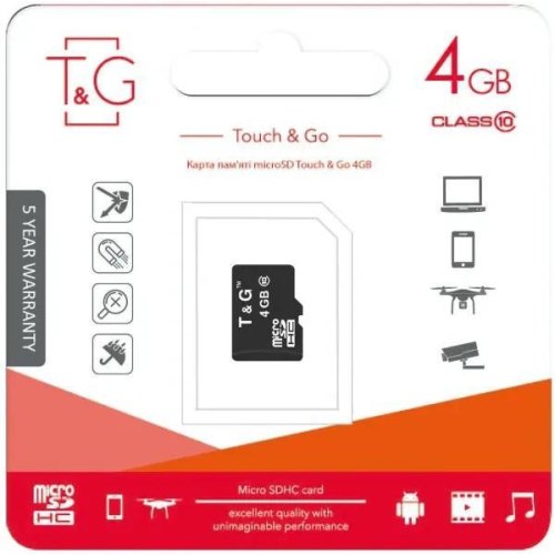 Карта пам'яті T&G, 4GB, MicroSDHC, Class 10 (TG-4GBSDCL10-00)