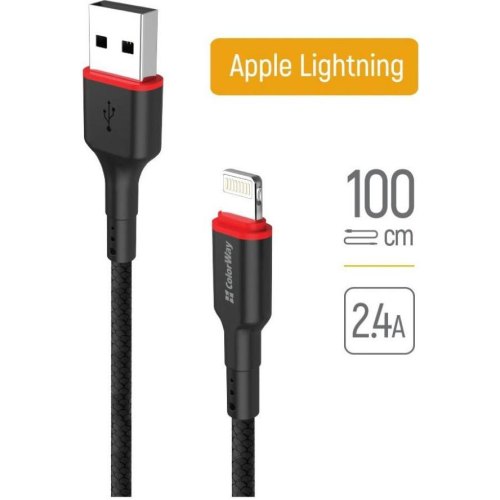 Кабель ColorWay, USB Type-A to Lightning, 2.4А, 1м, Black (CW-CBUL064-BK)