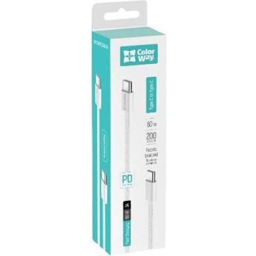 Кабель ColorWay, USB Type-C to USB Type-C, 3А, 2м, Gray (CW-CBPDCC068-GR)