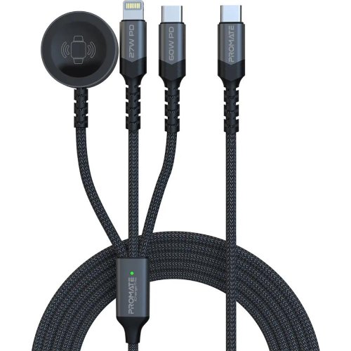 Кабель Promate, USB Type-C to USB Type-C 60W/Lightning 27W/Apple MagSafe 1 2.5W, 4A, 1.5м, Black (icharge-trio.black)