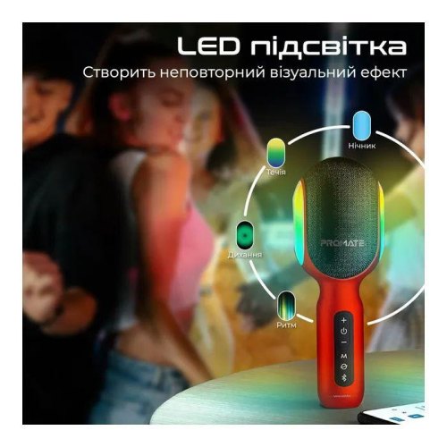 Мікрофон для караоке Promate VocalMic Bluetooth LED, Red