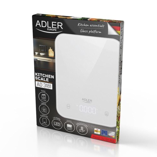 Ваги кухонні, електронні Adler AD 3181W, 10кг, 2хААА, автовимкнення, скло, білі