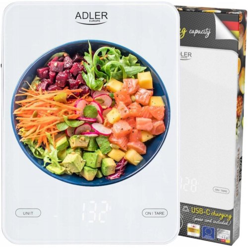 Ваги кухонні, електронні Adler AD 3177W, 10кг, USB Type-C, автовимкнення, скло, білі