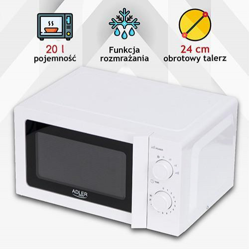 Мікрохвильова піч Adler AD 6205, 20л, 700Вт, механічне керування, відкриття ручкою, біла