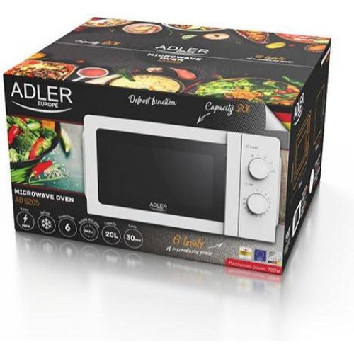 Мікрохвильова піч Adler AD 6205, 20л, 700Вт, механічне керування, відкриття ручкою, біла