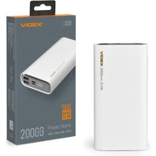 Зовнішній акумулятор Powerbank VIDEX VPB-320-W, 20000mAh, 22.5W, White