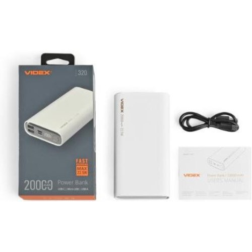 Зовнішній акумулятор Powerbank VIDEX VPB-320-W, 20000mAh, 22.5W, White