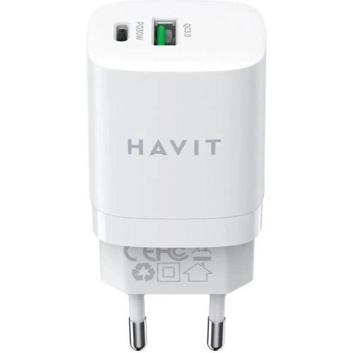 Мережевий зарядний пристрій Havit HV-UC30 PRO-WH, USB Type-A/USB Type-C, GaN, 30W, White