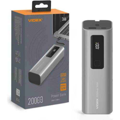 Зовнішній акумулятор Powerbank VIDEX VPB-366-G, 20000mAh, 165W, PD100W, дисплей