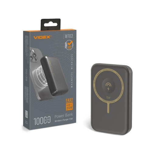 Зовнішній акумулятор Powerbank VIDEX VPB-W102-G, 10000mAh, бездротова зарядка, PD20W, Grey