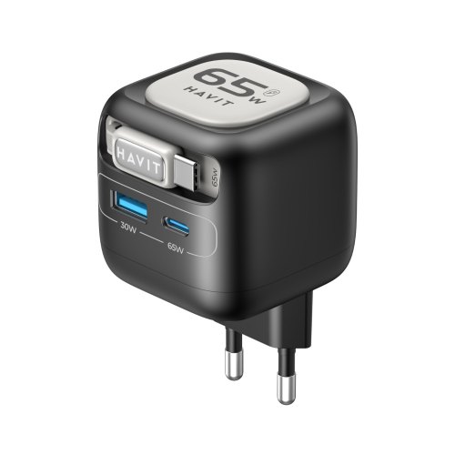 Мережевий зарядний пристрій Havit HV-UC253-BK, USB Type-A/USB Type-C, GaN, 65W, вбудований кабель USB Type-C