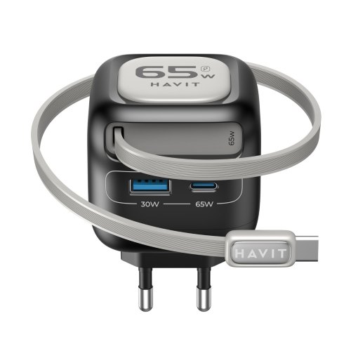 Мережевий зарядний пристрій Havit HV-UC253-BK, USB Type-A/USB Type-C, GaN, 65W, вбудований кабель USB Type-C
