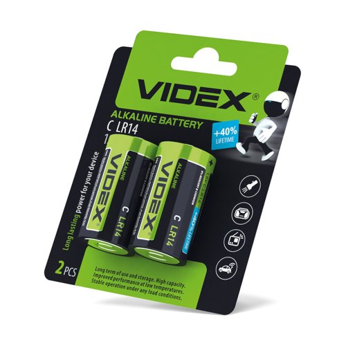 Батарейка VIDEX, лужна, LR14/C, 2шт