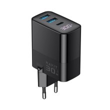 Мережевий зарядний пристрій Havit HV-UCLE001-BK, 2хUSB Type-A/1xUSB Type-C, GaN, 30W