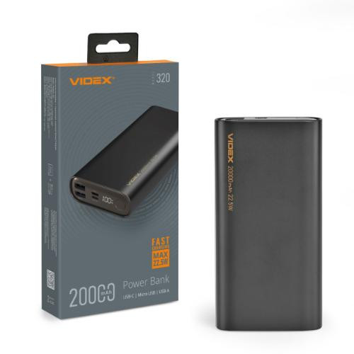 Зовнішній акумулятор Powerbank VIDEX VPB-320-B, 20000mAh, 22.5W, Black