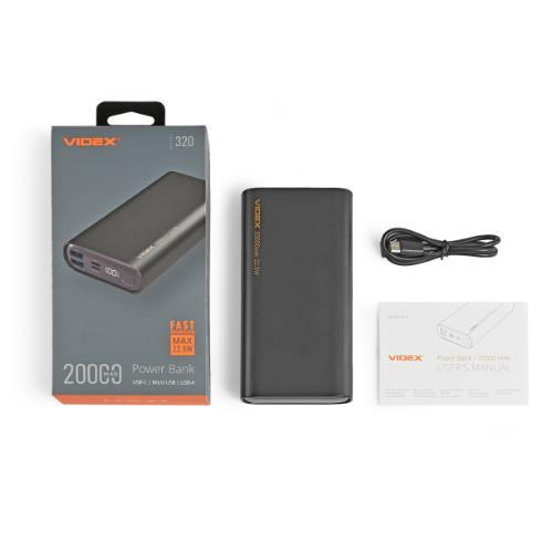 Зовнішній акумулятор Powerbank VIDEX VPB-320-B, 20000mAh, 22.5W, Black