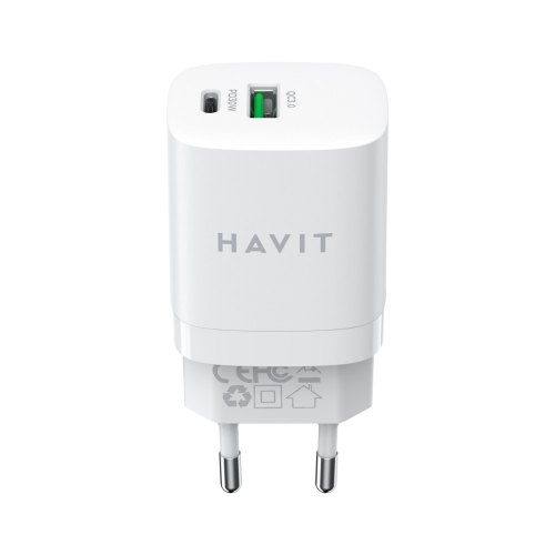 Мережевий зарядний пристрій Havit HV-UC30, USB Type-A/USB Type-C, GaN, 30W, White