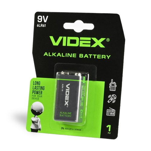 Батарейка VIDEX, лужна, 6LR61/9V (Крона), 1шт