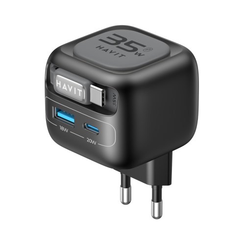 Мережевий зарядний пристрій Havit HV-UC251-BK, USB Type-A/USB Type-C, GaN, 35W, вбудований кабель USB Type-C