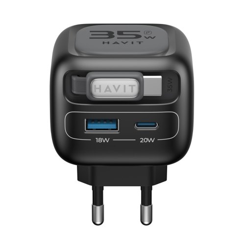 Мережевий зарядний пристрій Havit HV-UC251-BK, USB Type-A/USB Type-C, GaN, 35W, вбудований кабель USB Type-C