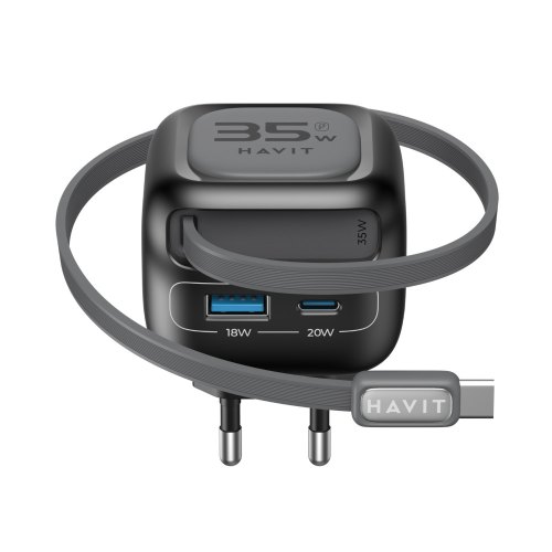 Мережевий зарядний пристрій Havit HV-UC251-BK, USB Type-A/USB Type-C, GaN, 35W, вбудований кабель USB Type-C