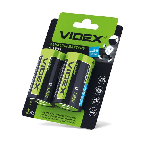 Батарейка VIDEX, лужна, LR20/D, 2шт